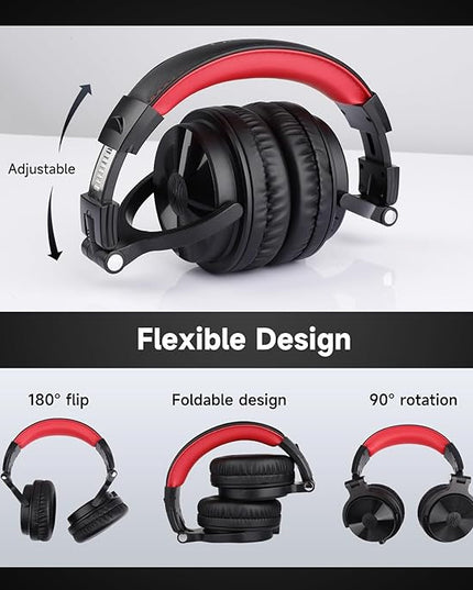 OneOdio Bluetooth Over Ear Headphones, 110 Hrs Wireless/Wired Stereo Sound Foldable Headsets with Deep Bass 50mm Neodymium Drivers for PC/Phone/Tablet - Studio Wireless Pro C, Red