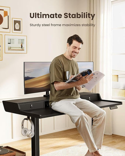 ErGear Electric Standing Desk with Drawers, 48″ x 24″ Gaming Table Compatible Monitor Stand, Stand up Desks, Home Office Height-Adjustable Desk with Storage Shelf, 4 Preset Heights, Black