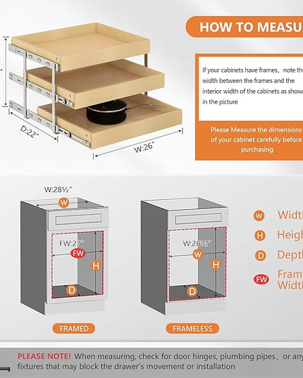 WelFurGeer 3-Tier Pull Out Cabinet Organizer with Soft Close, Heavy-Duty Slide Out Drawers for Cabinets, Pull Out Drawers for Cabinets, Bottom Mount Shelves for Kitchen, Pantry, Bathroom