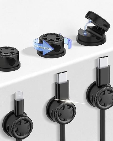 6 Pack Cord Organizer Magnetic Cable Clips, 360° Rotation Cable Clips - Adjustable Cord Holder for Nightstand, Adhesive Cable Management Cord Clips, Cable Holder & Charger Organizer（Black