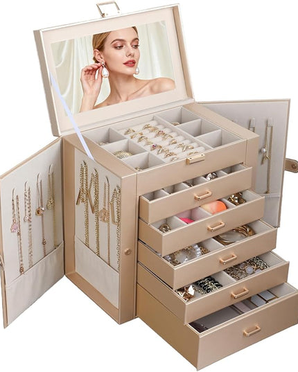 BOOVO Jewelry Box For women, 6 Layer Large Jewelry Organizer With Mirror, Multi-Function Storage Box With Lock, Necklace Holder With 5 Drawers, For Earrings Necklace Bracelet (Champagne Gold)