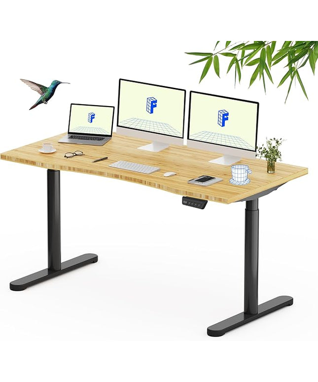 FLEXISPOT Bamboo Electric Standing Desk with Elegant Oval Legs & Curved Desktop, 60"x30" Height Adjustable Desk for Home Office & Living Spaces, Black Frame