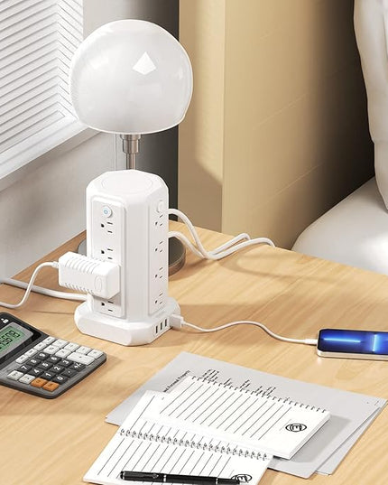 10 FT Extension Cord Power Strip Tower, 16 Widely Outlets 1875W 15A, Flat Plug Surge Protector with 4 USB Ports, Individual Switches, 1080 Joules, Overload Protection for Home Office Desktop, White