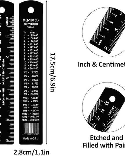 2Pcs 6 Inch 15cm Metal Ruler Set, Stainless Steel Metric Rulers with Centimeters Millimeters Inches, High Contrast Measuring Ruler for School Geometry Office Crafting(Black)