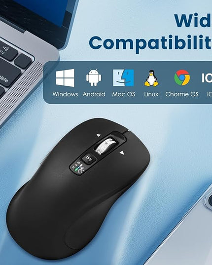 Wireless Bluetooth Mouse (USB + BT1 + BT2), Full Size, 4-Way Scrolling, Multi-Device Silent Mouse for Computer, Laptop, iPad, MacBook (Black)