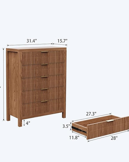 JZXSHD 5 Drawer Dresser, 43" Tall Dresser Organizer TV Drawer Cabinet Modern Wood Storage Cabinet, Modern Wood Storage Cabinet for Bedroom, Hallway, Entryway, Walnut Oak X 2
