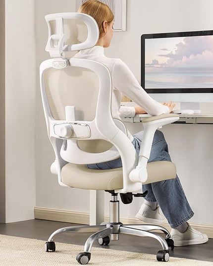 Office Chair - Ergonomic Desk Chair with Adjustable Headrest Lumbar Support Computer Chair - Mesh Comfy Chairs with Flip-up Armrests - Big and Tall Gaming Chairs for Adults Home Office(Beige)