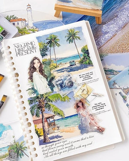 Dwpetzo 90 Pieces Large Seasons Scenery Stickers for Journaling, Watercolor Sylte Transparent PET Stickers for Scrapbooking, Junk Journal Supplies, Collage, Scrap Book, DIY Crafts Arts