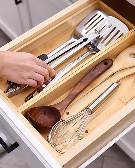 Fabsome Kitchen Utensil Drawer Organizer, Bamboo Silverware Cutlery Flatware Organizer Bins, Wooden Container Storage Trays for Bathroom Vanity Junk Drawer, 15" x 6" Set of 2