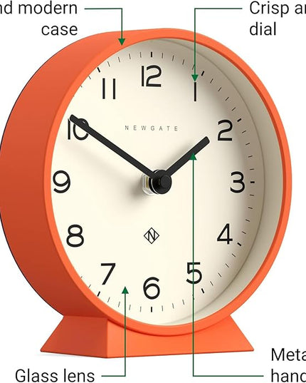 NEWGATE® M Mantel Echo Desk Clock | Modern Round Design | Pumpkin Orange | Easy to Read Numbers | Contemporary Style for Desk, Table, Shelf or Bedside