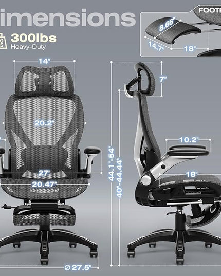 ELABEST X100 Ergonomic Mesh Office Chair with Footrest, Big and Tall Hone Desk Chair with 5D Flip-Up Arms, Adjustable 3D Lumbar Support,Gaming & Executive Computer Chairs for Long Hours(Midnight Mist)