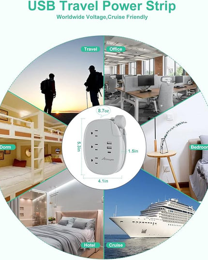 Alitayee USB C Portable Travel Power Strip with 3 Outlets 3 USB Ports Fast Charge, USB Extendable Outlet Extender with Flat Plug and 3ft Wrapped Around Extension Cord for Cruise Travel Home Office
