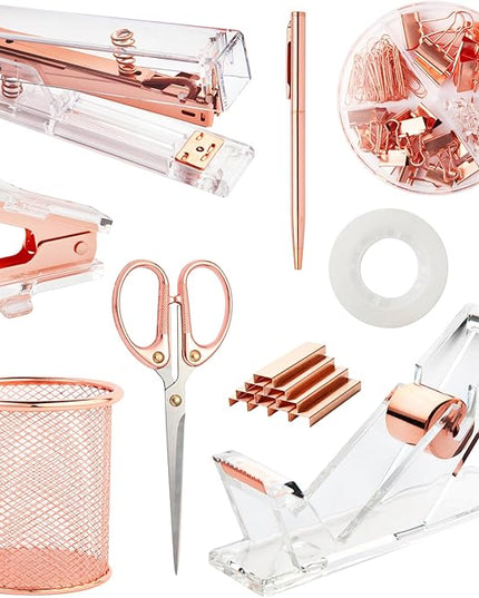 Rose Gold Desk Accessories, Office Supplies Set with Acrylic Stapler, Tape Dispenser, Staple Remover, Pen Holder, Scissor, Binder Paper Clips, 1 Ballpoint Pen, 1 Clear Tape and 1000pcs Staples