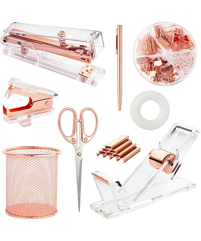 Rose Gold Desk Accessories, Office Supplies Set with Acrylic Stapler, Tape Dispenser, Staple Remover, Pen Holder, Scissor, Binder Paper Clips, 1 Ballpoint Pen, 1 Clear Tape and 1000pcs Staples