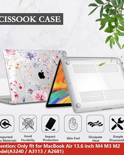 CISSOOK Flower Case for MacBook Air 13.6 Inch M4 M3 M2 Chip Model A3240 A3113 A2681, Plastic Shell Cover with Keyboard Cover Screen Protector for MacBook Air 13 2022-2025, Flowers Watercolor