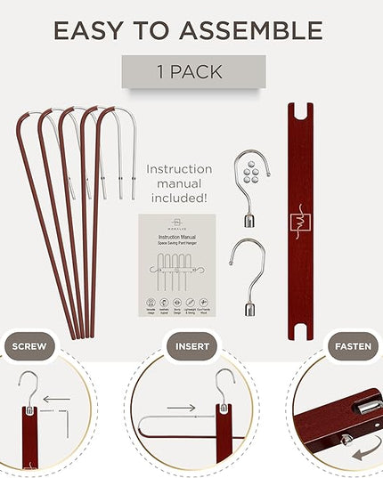 MORALVE Pants Hangers Space Saving - European Beechwood Scarf and Jean Hangers - Closet Organizer and Space Saver Pant Rack, Leggings Hanger, and Scarf Holder with 360° Swivel Hook (1 Pack)