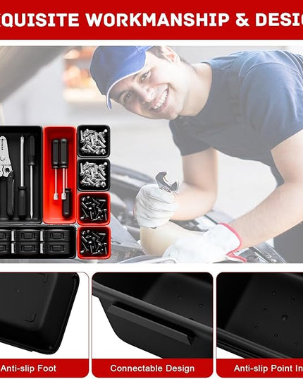 Toolbox Organizer Trays, Tool Chest Drawer Organizer with Non-Slip EVA Pads – 47pcs Red and Black Interlocking Trays for Workbench, Rolling Tool Cart, Garage