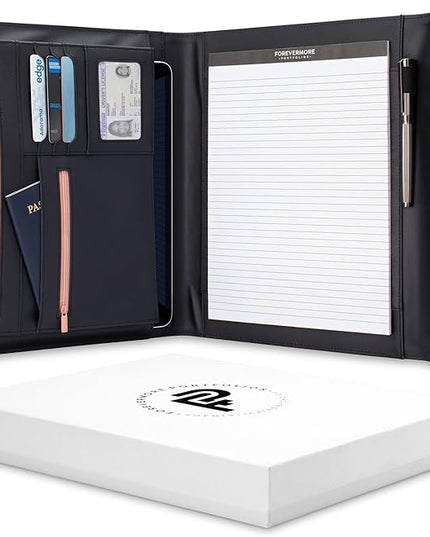 FOREVERMORE PORTFOLIOS Padfolio Binder Organizer for Women | Faux Leather Portfolio Folder for Resume, Documents, Notebook, Tablet and Business Cards | Notepad Included - Black