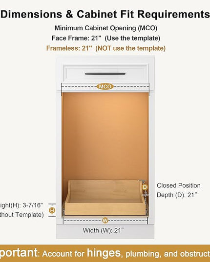 ALINE FURNITURE Birch Pull Out Drawers for Cabinets, 21" W x 21" D x 6" H Soft-Close Slide Out Drawer for Kitchen Cabinets, Pull Out Shelves, Pantry Cabinet Organizer, with Pre-Drilled Wood Template