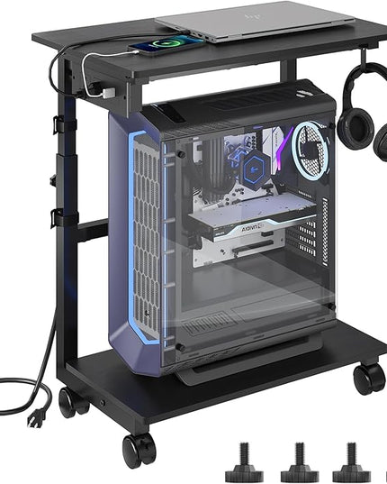 2-Tier Computer Tower Stand with Power Outlet, Height Adjustable PC Tower Stand with Wheels, ATX-Case CPU Holder Cart with Hooks for Home, Office, Gaming (Black)
