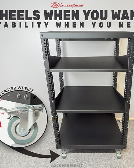 AxcessAbles 16U Open Frame Network & AV Rack with Caster Wheels, Two 2U Shelves, 10-32 & Cage Nut Compatible Rails, Cage Nuts, Screws, Cage Nut Tool & Wall Mount Kit | 19-Inch Equipment Rack