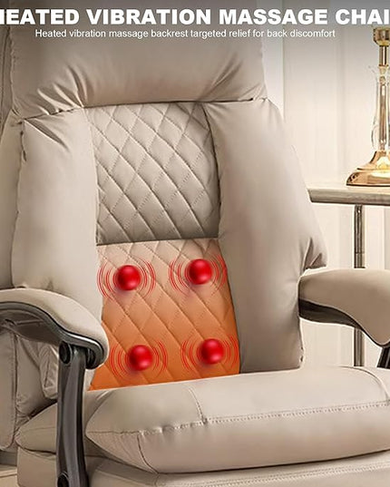 Henry Massage Office Chair with Heating Ventilation for Heavy Duty,Leather Recliner Executive Desk Chair (Beige)