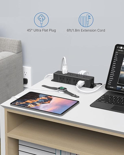 30W USB C Power Strip Surge Protector,Ultra Thin Flat Plug Power Strip 4 Side 12 Outlets,1 PD Fast Charing,2 USB-C, 2 USB-A(4 USB Total 40W),6ft Slim Extension Cord,16 in 1 Desk Power Bar,1200J Black