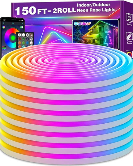 150Ft Neon Rope Lights,Flexible Led Rope Lights Control with App/Remote,Multiple Modes Light,IP65 Outdoor RGB Led Light Waterproof (150Ft Neon Rope Lights)