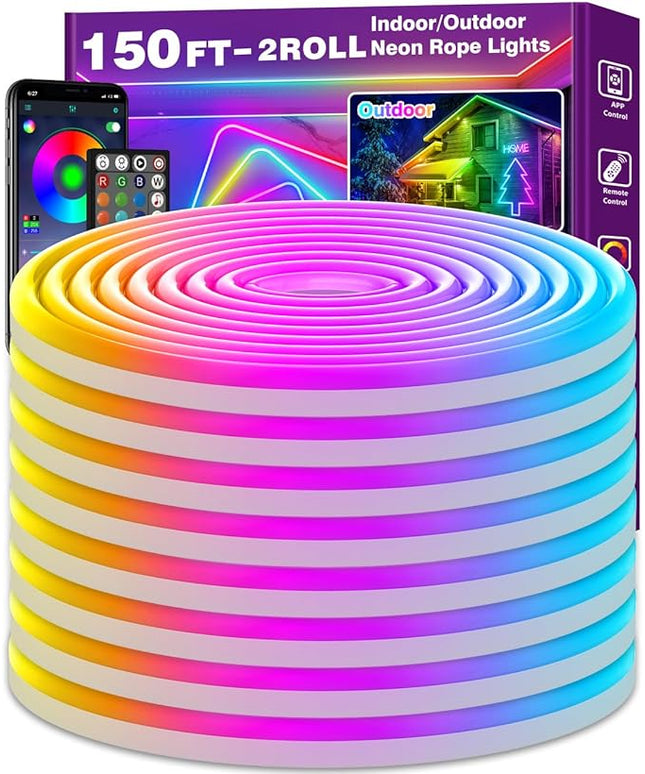 150Ft Neon Rope Lights,Flexible Led Rope Lights Control with App/Remote,Multiple Modes Light,IP65 Outdoor RGB Led Light Waterproof (150Ft Neon Rope Lights)