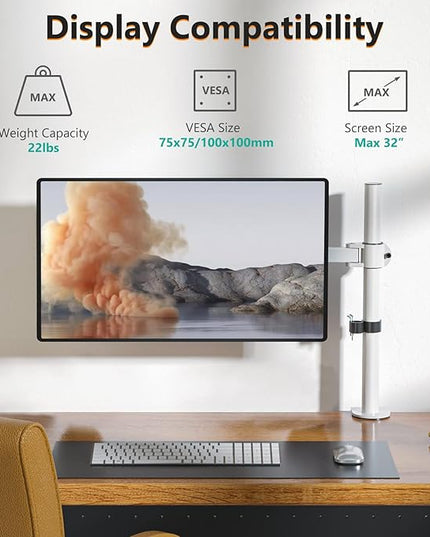 WALI Monitor Arm Mount for Desk, Single Computer Desk Mount, Monitor Bracket Mount Stand Single, up to 32 inch, 22 lbs (M001-W), White