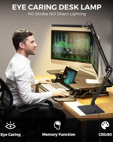 SKYLEO LED Desk Lamp with Slim Base - Adjustable Swing Arm Desk Light, Dimmable, Timer, Eye Protection, Memory Function, 1300LM, 12W, Black
