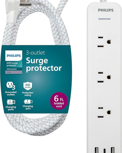 Philips EZFit 3-Outlet Adapter-Spaced Surge Protector, 6ft Braided Cord, Power Strip, Extension Cord with 2 USB-A and 1 USB-C, 490J, White, SPP3863W/37