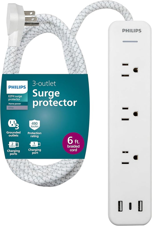 Philips EZFit 3-Outlet Adapter-Spaced Surge Protector, 6ft Braided Cord, Power Strip, Extension Cord with 2 USB-A and 1 USB-C, 490J, White, SPP3863W/37