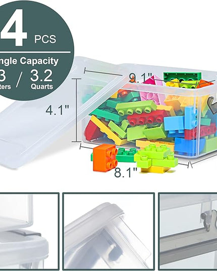 Citylife 4 Packs Small Storage Bins with Lids 3.2 QT Plastic Storage Containers for Organizing Stackable Clear Storage Boxes