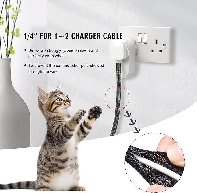 25ft - 1/4 inch Cord Protector Cable Sleeve Split Wire Loom Tubing for Power Cord Audio USB Cable, Cord Sleeve Cable Management for TV Computer, Cord Protectors from Pets Chewing, Black