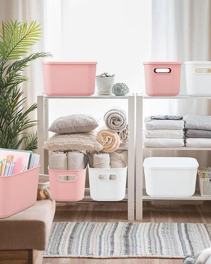 Hoolerry 8 Pieces Colorful Storage Bins with Lid, Plastic Storage Basket Organizing Container Stackable Box with Handle for Shelves Desktop Playroom Office(9.8 x 7.1 x 6.3 Inch,White and Pink)