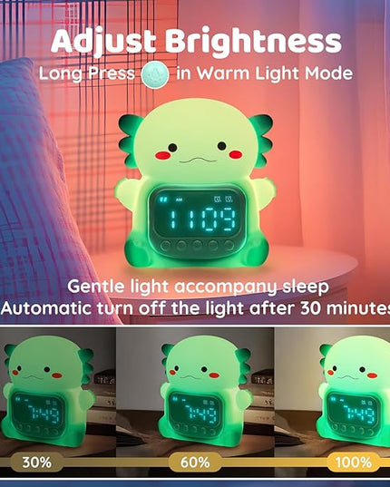 Axolotl Alarm Clock with Night Light for Kids, Rechargeable Silicone Lamp Time to Wake Clock Cute Animal Tabletop Lamp, Perfect Sleep Companion for Boys Girls, Green