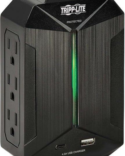 Tripp Lite Surge Protector Power Strip 6-Outlets + 1 USB & 1 USB-C Port, Direct Wall Plug-in, Black, Green LED Light, 490 Joules, EMI/RFI Filtering, 20,000 Insurance (SK62USBC)
