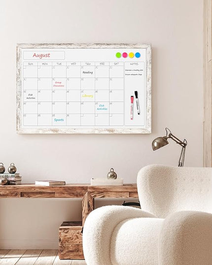 Monthly Dry Erase Calendar Whiteboard for Wall, 36" x 24" Magnetic White Board Calendar Board - Rustic Vintage Wooden Frame