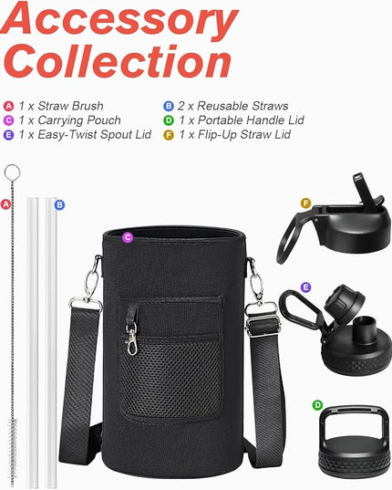 Coolflask 128 oz Gallon Water Bottle Insulated with Straw&3 Lids, Water Jug Large Stainless Steel Metal Vacuum Wide Mouth for Sports, Gym or Office, Non-BPA Keep Cold 48H Hot 24H, Dark Green