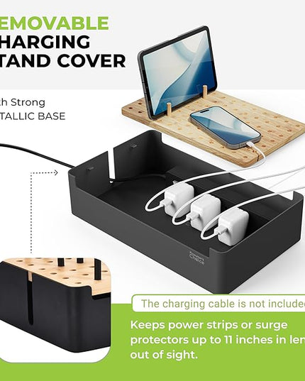 Prosumer's Choice Black Wooden Charging Station Organizer for Multiple Devices - Cable Management Box with 5 Slots and Removable Dividers - Charger Organizer for Phone, Tablet, Home, Office, 12"x6"x7"