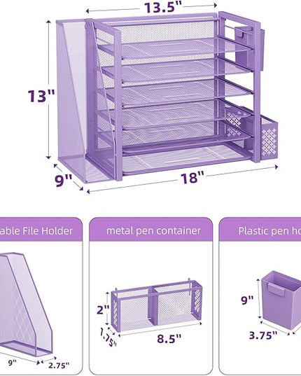 Simple Trending 6 Tier Desk File Organizer, Paper Letter Tray Organizer with File Holder and Pen Container, Purple
