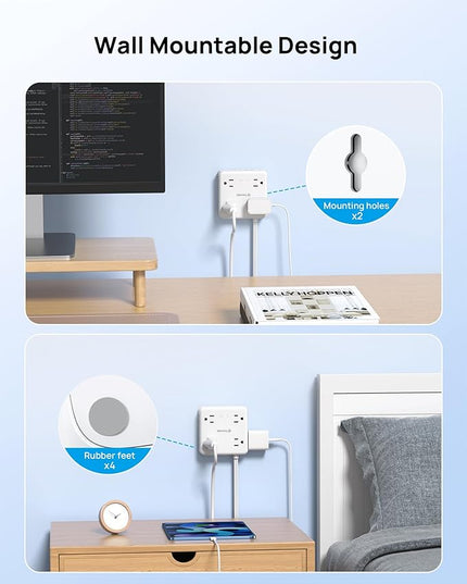 TROND 360° Rotating Plug Power Strip, 3FT Flat Extension Cord with Multiple Outlets 4 USB (2 USB C), Wall Mount Surge Protector 1440 Joules for Home Office Travel Dorm Room Essentials, White