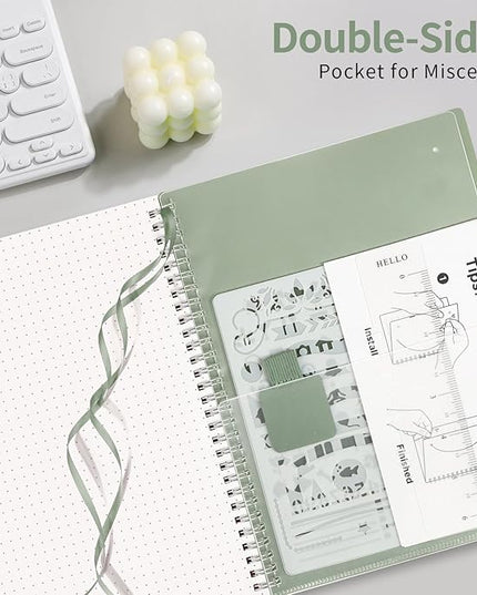 AHGXG Bullet Dotted Journal - Dot Grid Spiral Notebook B5, 140 Pages, 100 GSM Thick Paper, Waterproof Plastic Cover Journals for Bullet Journaling, Sketching, 7.6" x 10", Sage Green
