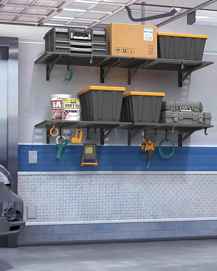 4-Pack 2x3ft Garage Shelving Wall Mounted, 2' x 3' Heavy Duty Garage Storage Shelves with Hooks, 800LB Capacity