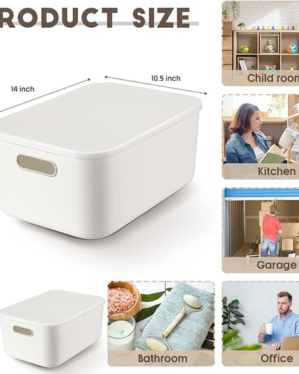 Tuanse 8 Pieces White Plastic Storage Bins with Lids, Stackable Storage baskets with Handle Containers Box for Shelves Drawers Desktop Playroom Classroom Office Organization(14 x 10.5 x 6.5 Inches)