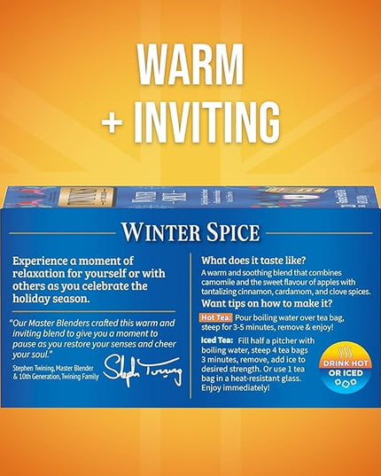 Twinings Winter Spice Herbal Tea Individually Wrapped, 20 Count (Pack of 6), Camomile, Apple, Cinnamon, & Clove, Caffeine-Free, Enjoy Hot or Iced, 120 Teabags