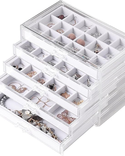 Frebeauty Acrylic Jewelry Organizer Earring Organizer Box with 5 Drawers Earring Holder Organizer with Velvet Trays Clear Jewelry Box for Women Earring Display for Rings Studs(White)