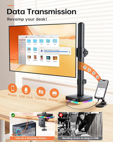 RGB Single Monitor Desk Mount, Monitor Arm with 3 USB Ports, Charging and USB Data Transfer Function, Desk Mount for 13"-27" Monitors up to 17.6lbs, Adjustable Height, Tilt, Swivel, Rotate