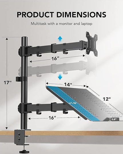 HUANUO Adjustable Monitor Stand, Single Arm Desk Mount for 32 inch Screen and 17 inch Laptop, Heavy Duty Ergonomic Bracket Holds 22lbs